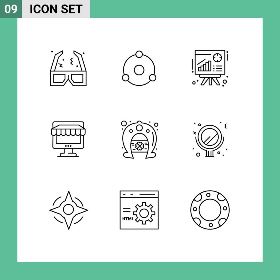 Pack of 9 Modern Outlines Signs and Symbols for Web Print Media such as day store graph shopping ecommerce Editable Vector Design Elements