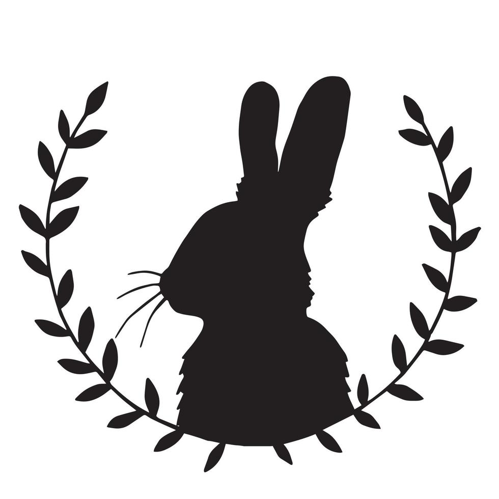 vector drawing, vintage frame with easter bunny silhouette. minimalistic design, wreaths of branches and a silhouette of a rabbit