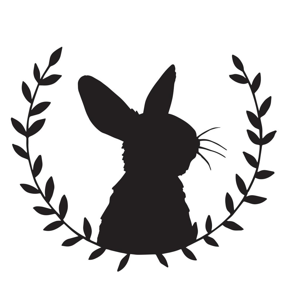 vector drawing, vintage frame with easter bunny silhouette. minimalistic design, wreaths of branches and a silhouette of a rabbit