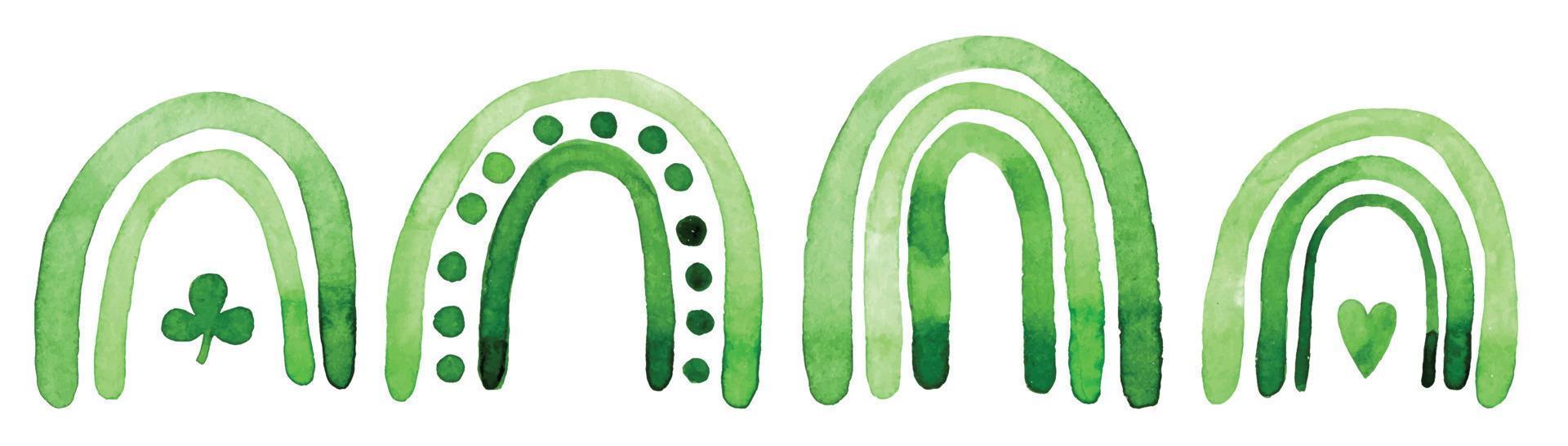 watercolor drawing. cute green color rainbow set for st patrick's day. funny decorations for the holiday, luck, magic. vector
