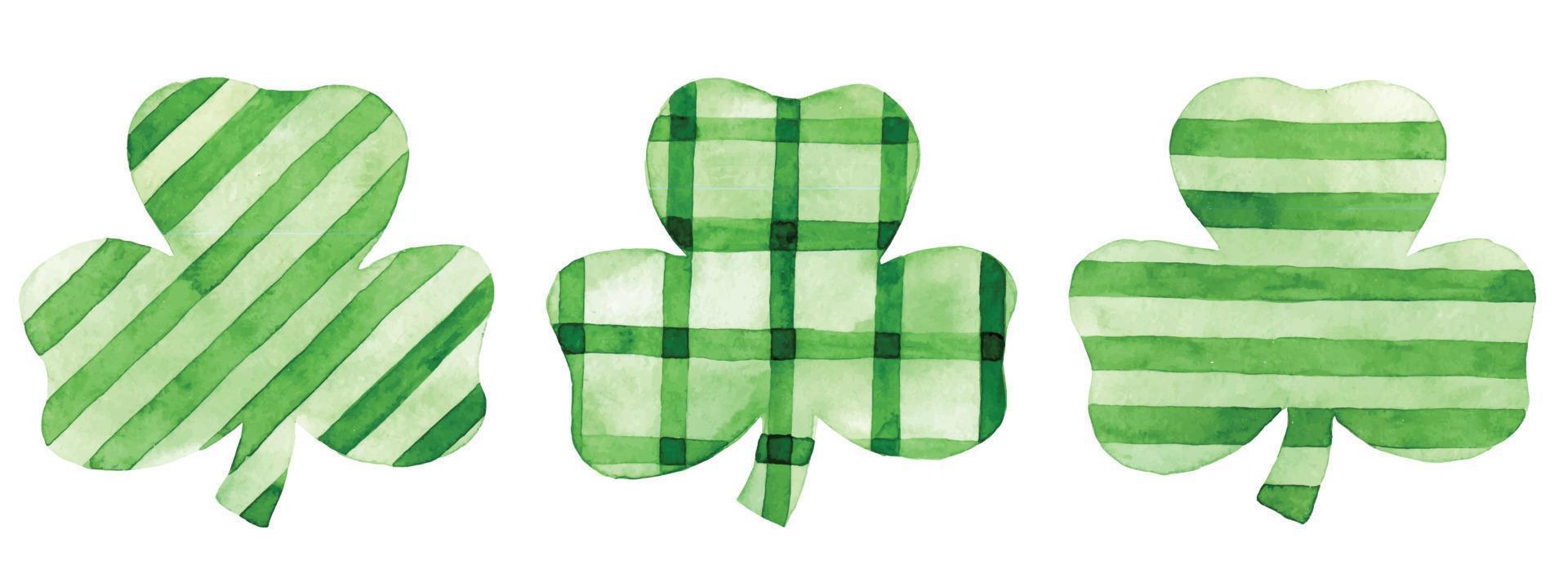 dibujo de acuarela, juego de hojas de trébol verde para st. día de San Patricio. linda decoración navideña vector