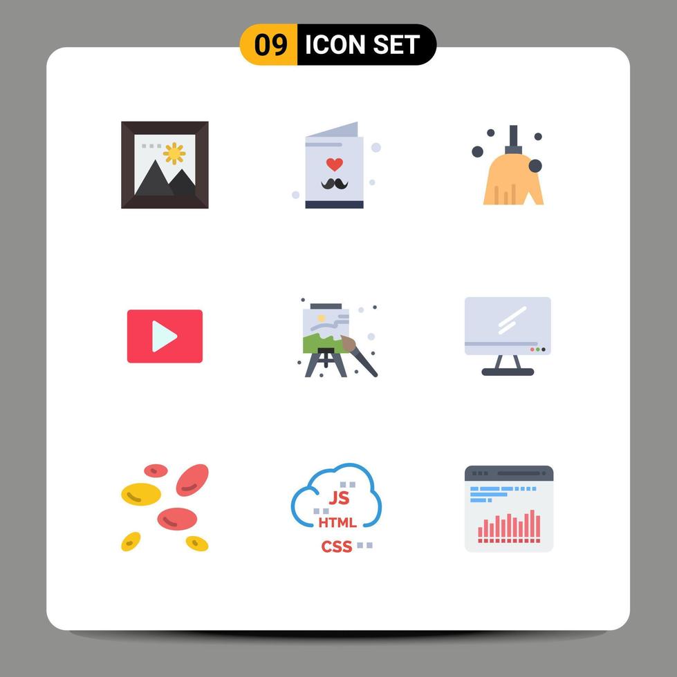 9 User Interface Flat Color Pack of modern Signs and Symbols of art player broom video youtube Editable Vector Design Elements