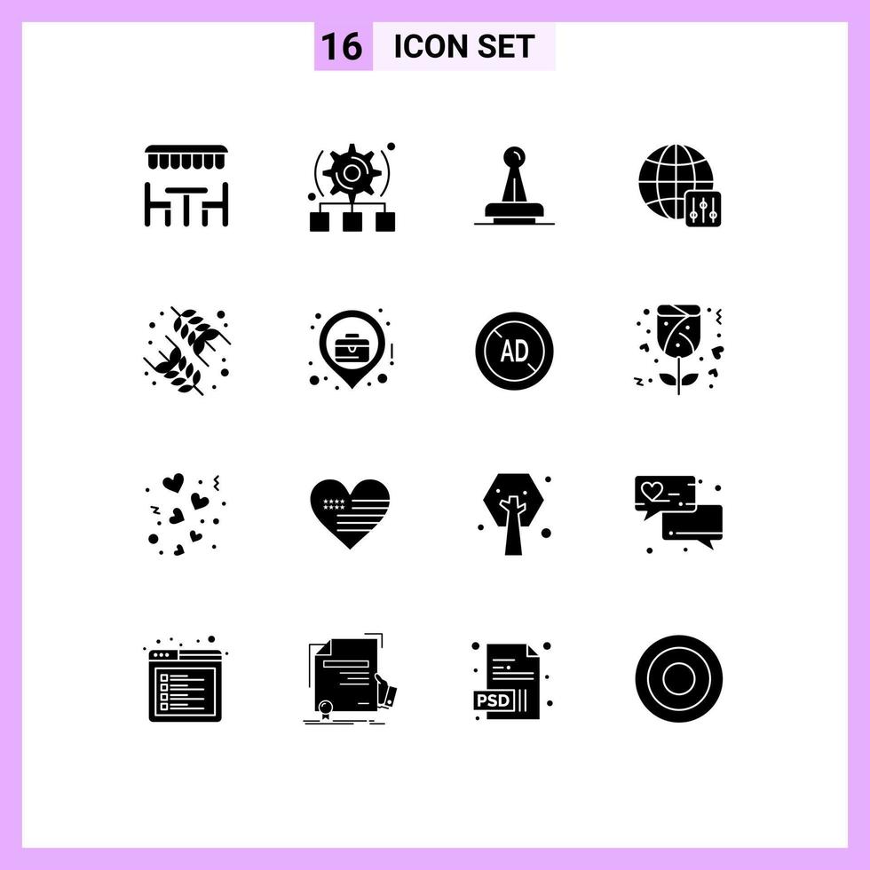 16 Thematic Vector Solid Glyphs and Editable Symbols of server settings world stamp seal mark Editable Vector Design Elements