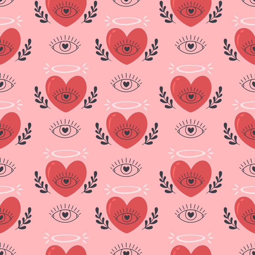 Hearts seamless pattern. Valentines Day, romantic and love element. Heart with eye and flowers. Flat, hand drawn texture for wallpaper, textile, fabric, paper vector
