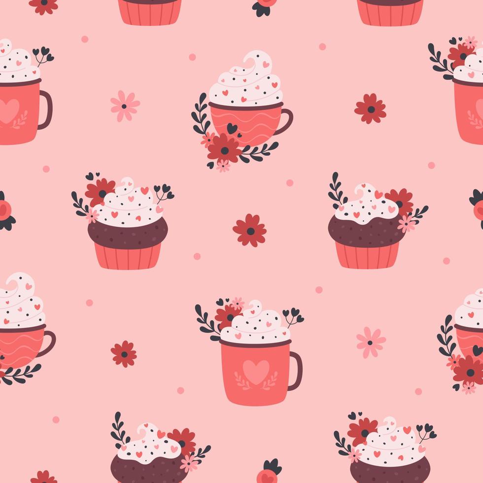 Valentines day seamless pattern. Hot drinks with sweets cupcakes. Romantic, love, Valentines Day sweets. Flat, hand drawn texture for wallpaper, textile, fabric, paper vector