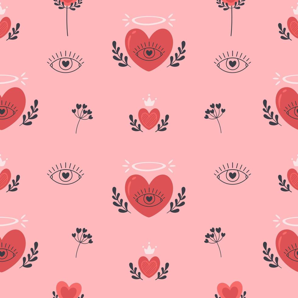 Hearts seamless pattern. Valentines Day, romantic and love element. Heart with eye and flowers. Flat, hand drawn texture for wallpaper, textile, fabric, paper vector