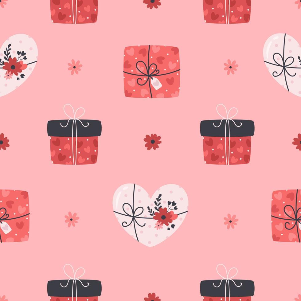 Gift boxes with hearts seanless pattern. Love, wedding, Valentine's day concept. Flat, hand drawn texture for wallpaper, textile, fabric, paper. vector