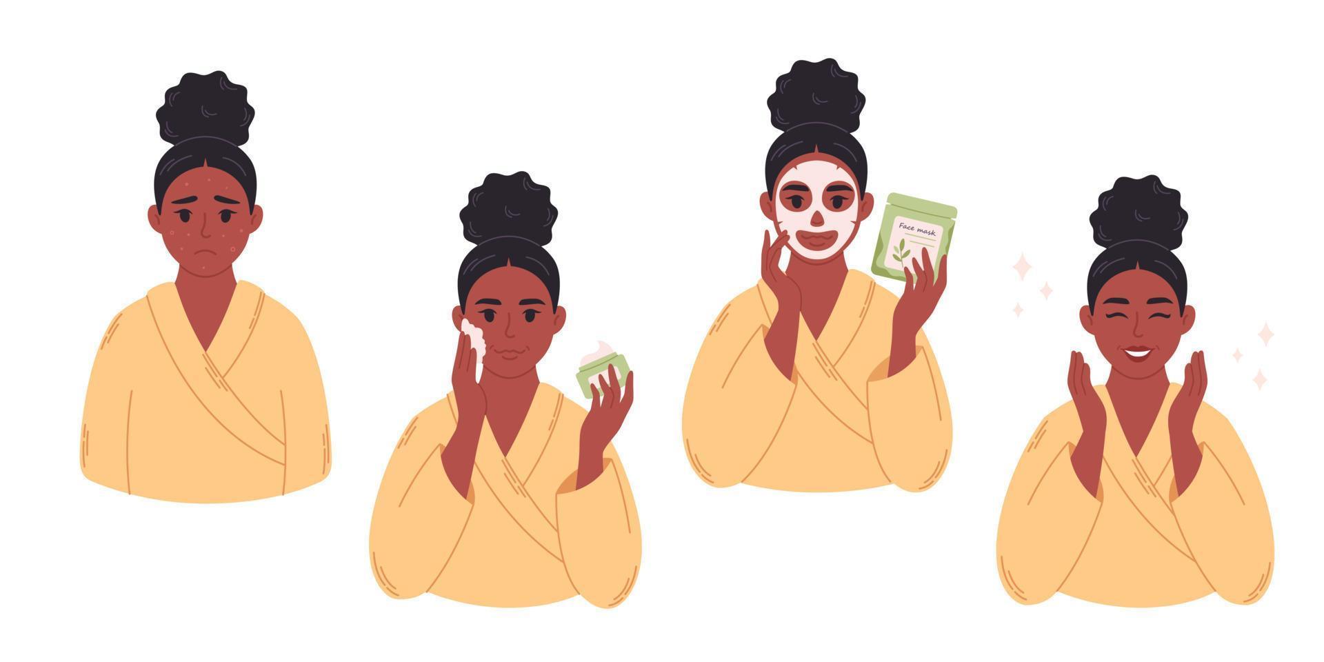 Black woman applying organic cosmetic cream on face, facial mask. Facial skin care, treatment for wrinkles, pimples, eyebags, beauty procedures. vector