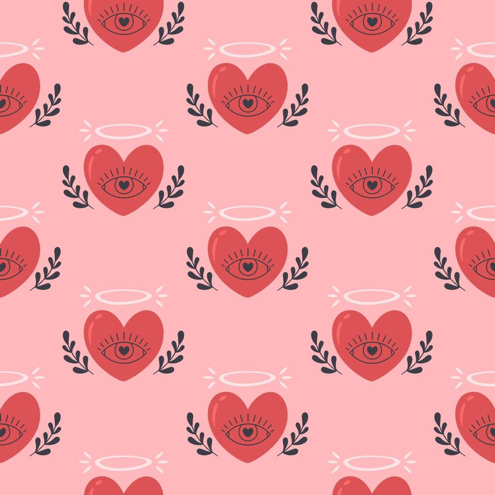 Hearts seamless pattern. Valentines Day, romantic and love element. Heart with eye and flowers. Flat, hand drawn texture for wallpaper, textile, fabric, paper vector