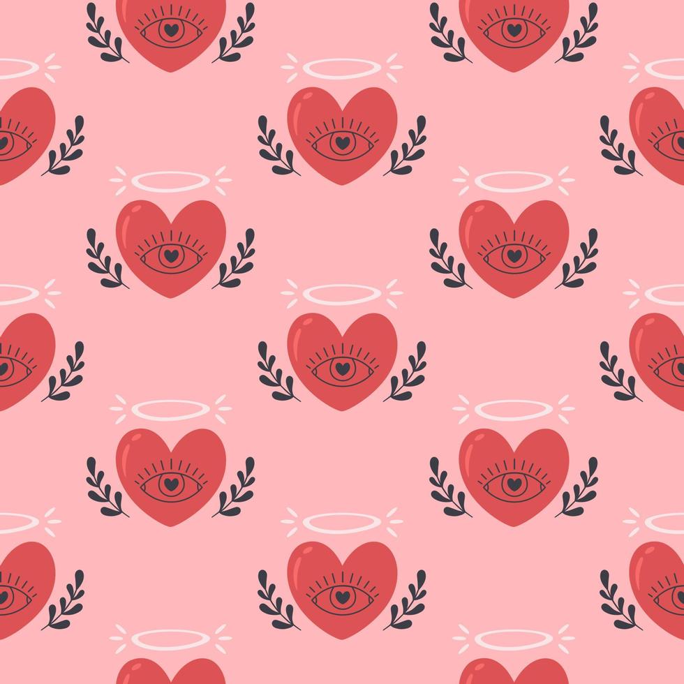 Hearts seamless pattern. Valentines Day, romantic and love element. Heart with eye and flowers. Flat, hand drawn texture for wallpaper, textile, fabric, paper vector