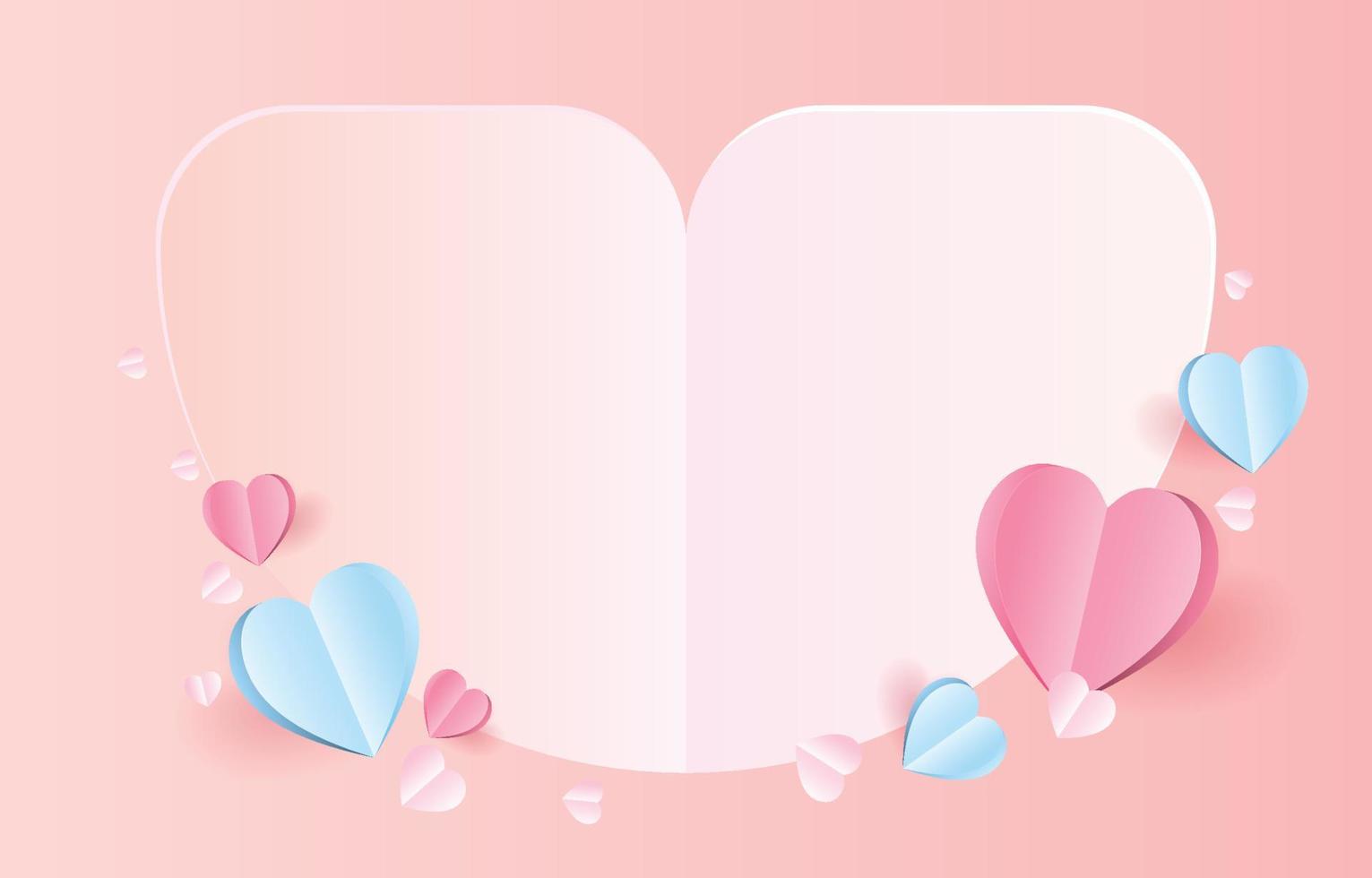 Blank paper cut background heart shape. Decorate with pink and blue origami hearts. illustration for valentine day, mother's day. or love day.  vector greeting card.