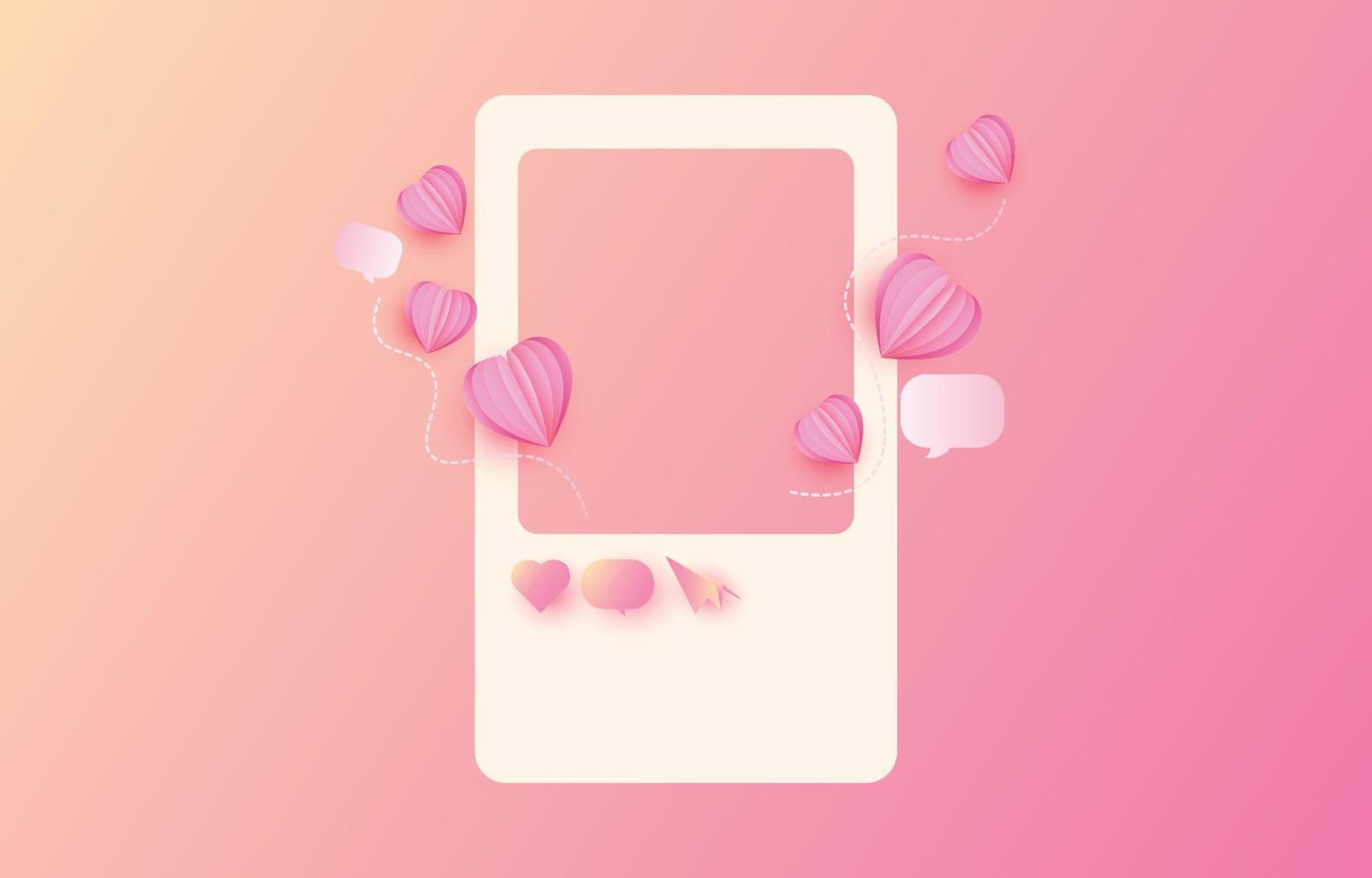Social media photo frame. with 3d heart love button And sending messages for couple. love template frame concept chat for valentines day, vector illustration