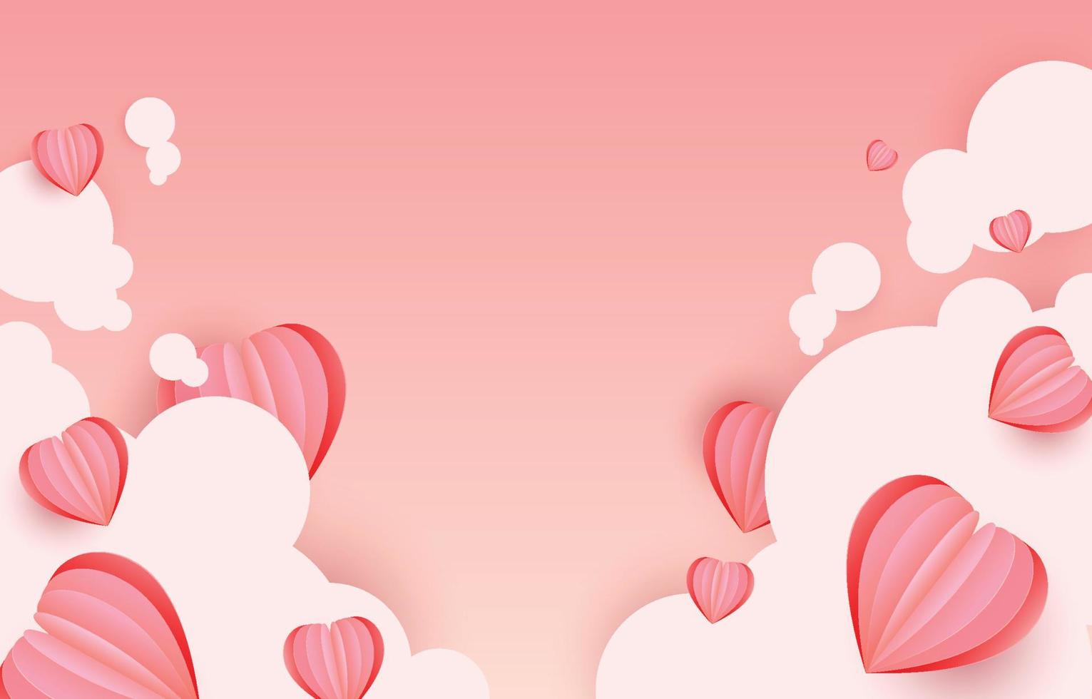 elementos de corte de papel en forma de corazón volando sobre las nubes fondos rosados y dulces. copie el espacio para el diseño. símbolos vectoriales de amor por el feliz día de San Valentín, diseño de tarjetas de felicitación de cumpleaños. vector