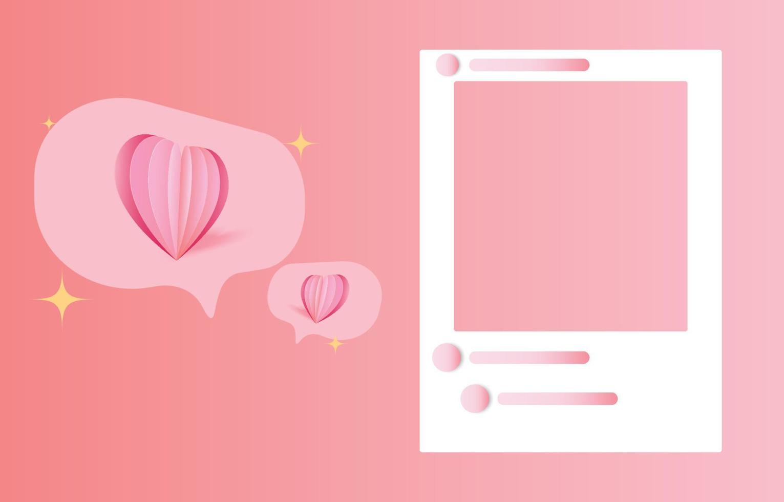 Social media photo frame, with 3d heart love button And sending messages for couple, concept chat for valentines day, vector illustration