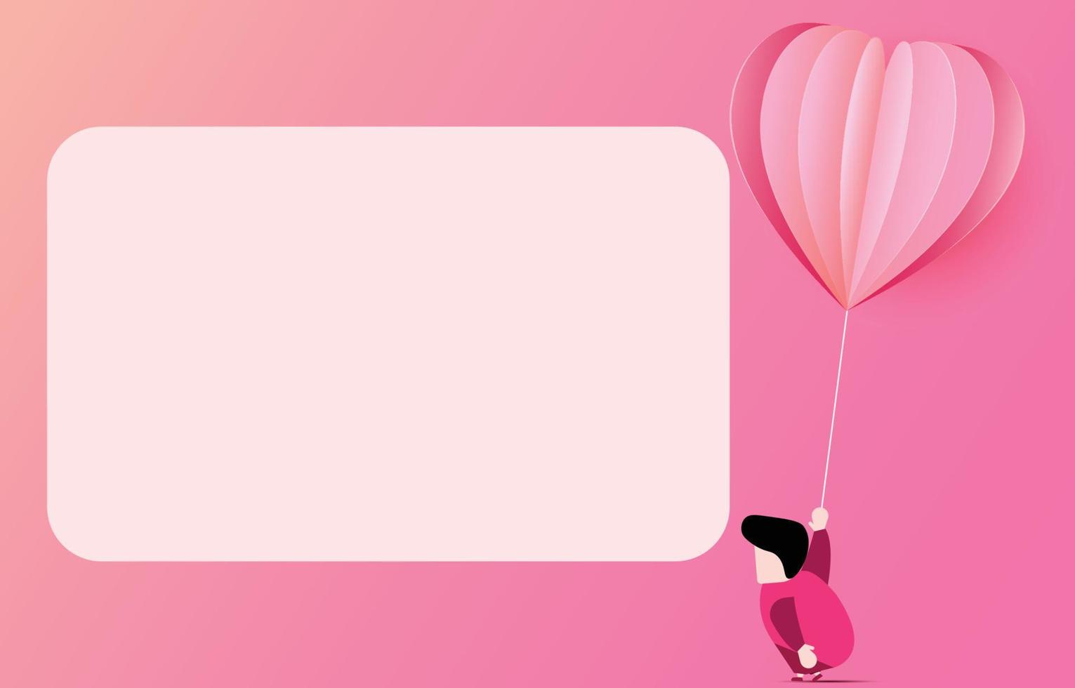 A man walking with pink heart balloons, with white blank square frame, valentines day vector illustration concept, love greeting card, couple