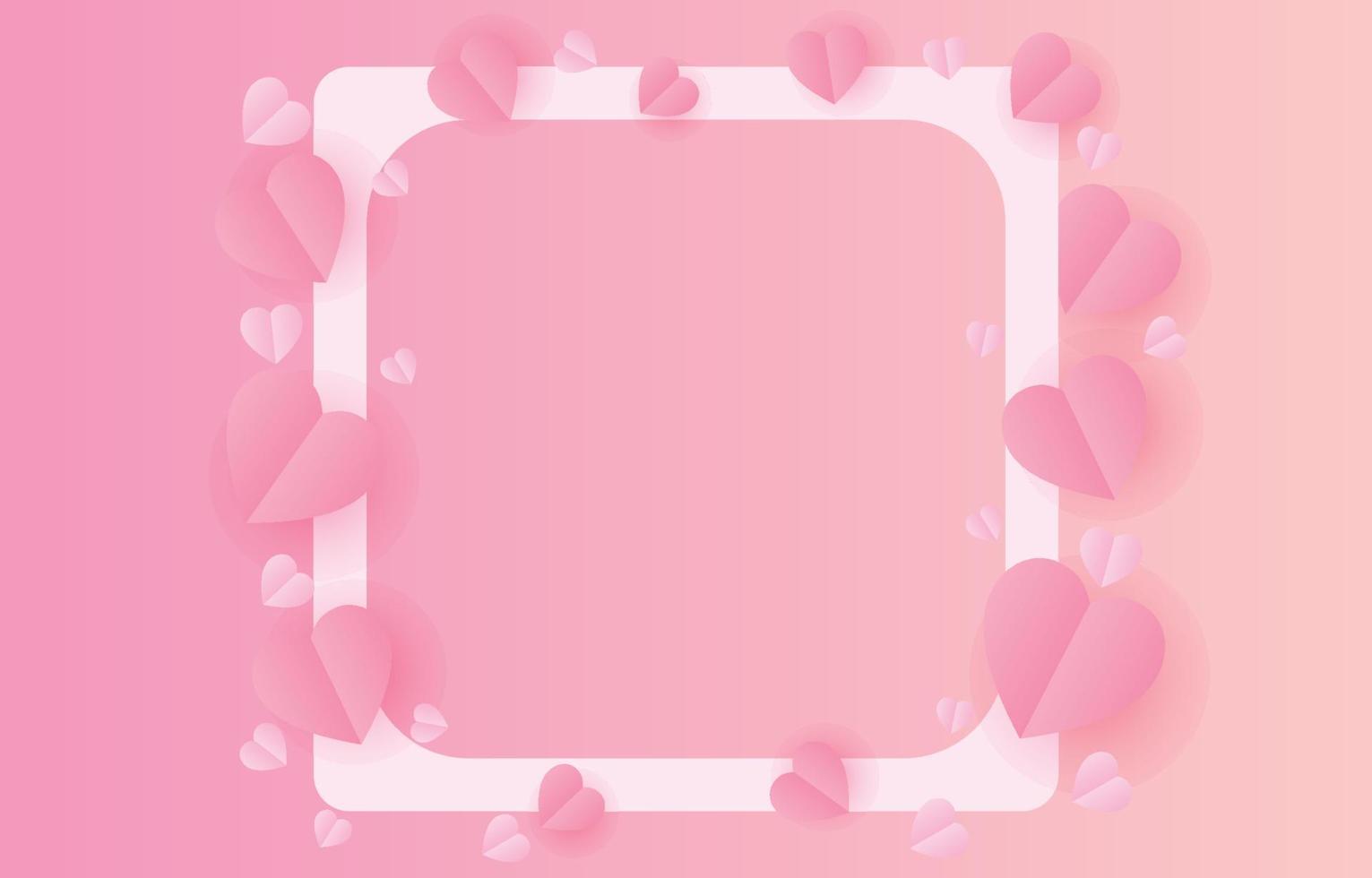 paper cut elements in shape of heart on rectangular frame has free space.and pink sweet background. Vector symbols of love for Happy Valentine's Day, birthday greeting card design.