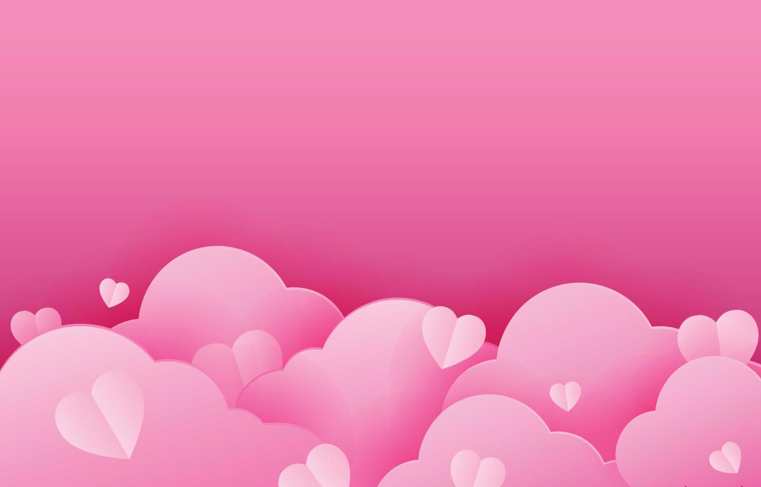feliz fondo en blanco del día de san valentín, nubes cortadas en papel rosa  con corazones