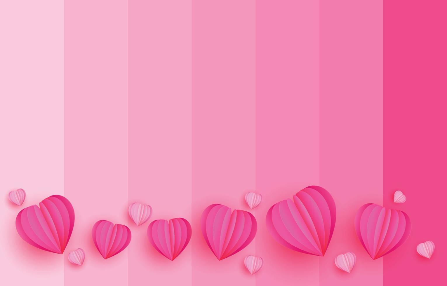 elementos de corte de papel en forma de corazón volando sobre fondo rosa y dulce. símbolos vectoriales de amor por el feliz día de San Valentín, diseño de tarjetas de felicitación de cumpleaños. vector