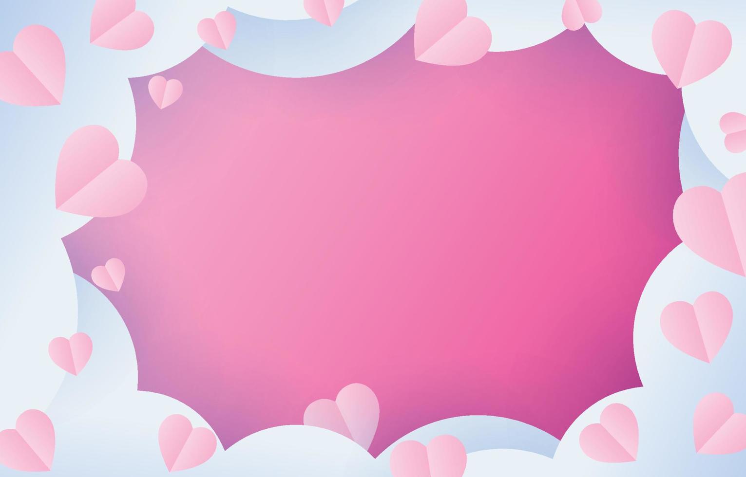 elementos de corte de papel de marco en forma de corazón volando sobre fondo rosa y dulce. símbolos vectoriales de amor por el feliz día de San Valentín, diseño de tarjetas de felicitación de cumpleaños. vector