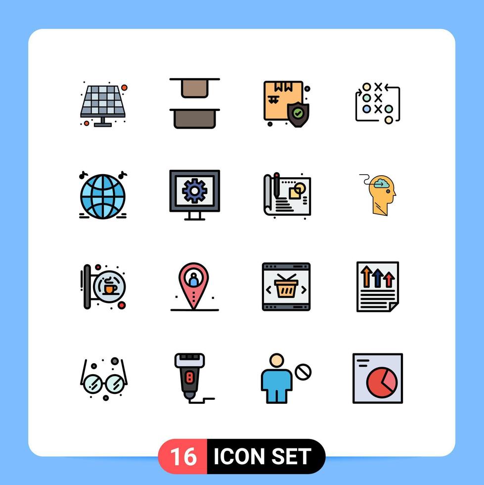conjunto de pictogramas de 16 líneas llenas de colores planos simples de elementos de diseño de vectores creativos editables de estrategia táctica de caja mundial multimedia
