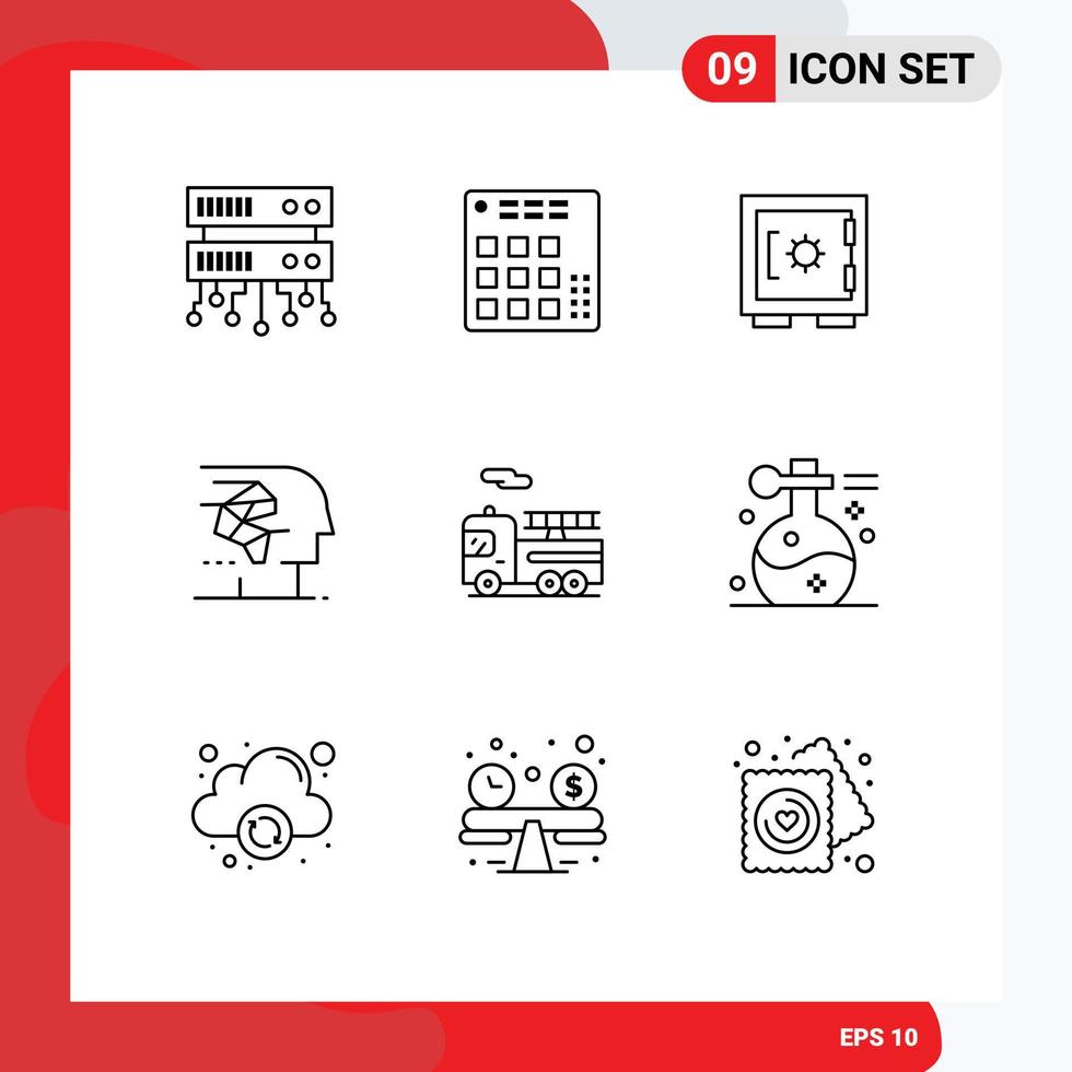 Group of 9 Modern Outlines Set for bike human lock brain android Editable Vector Design Elements