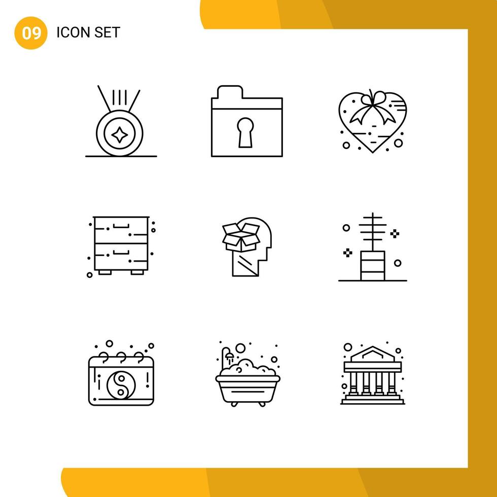 Set of 9 Modern UI Icons Symbols Signs for user unbox valentine box drawer Editable Vector Design Elements