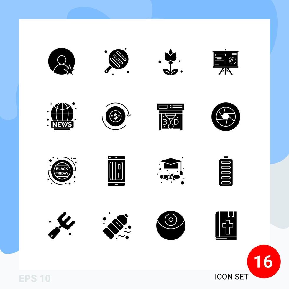 16 Universal Solid Glyphs Set for Web and Mobile Applications cash live present broadcasting graph Editable Vector Design Elements