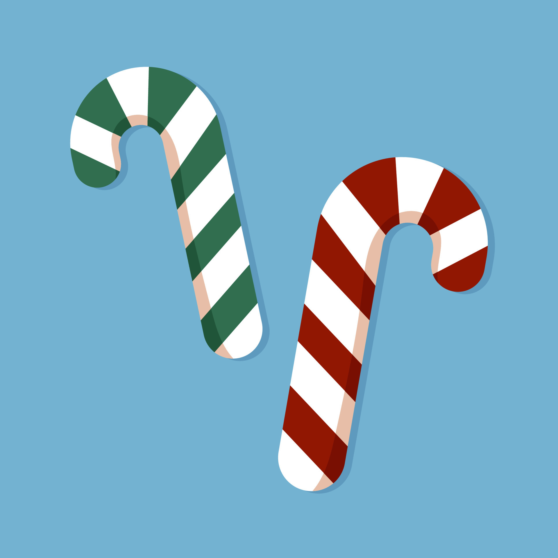 Two christmas striped candy canes. Vector illustration isolated on blue
