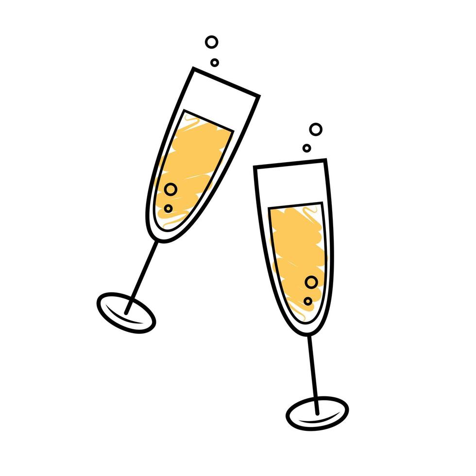 Glasses of champagne. Celebration, holidays, toast concepts. Hand-drawn sketch style. Icon isolated on white background. Vector illustration in doodle style.