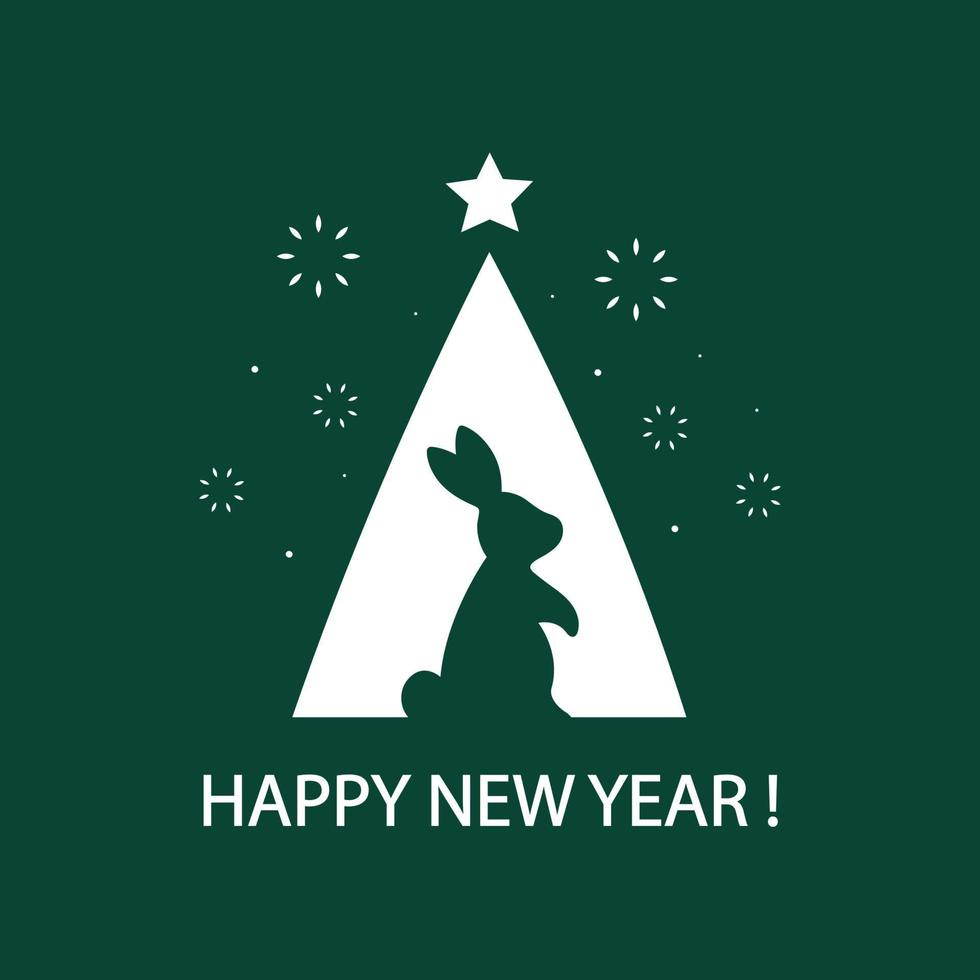 Happy New year. Silhouettes of rabbit, christmas tree and salute on dark green background. Minimalism design templates for greeting card, poster, banner for 2023. Year of the rabbit. vector
