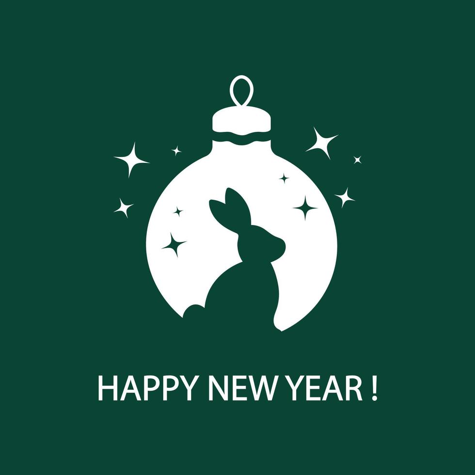 Happy New year. Silhouettes of rabbit, christmas bauble and stars on dark green background. Minimalism design templates for greeting card, poster, banner for 2023. Year of the rabbit. vector