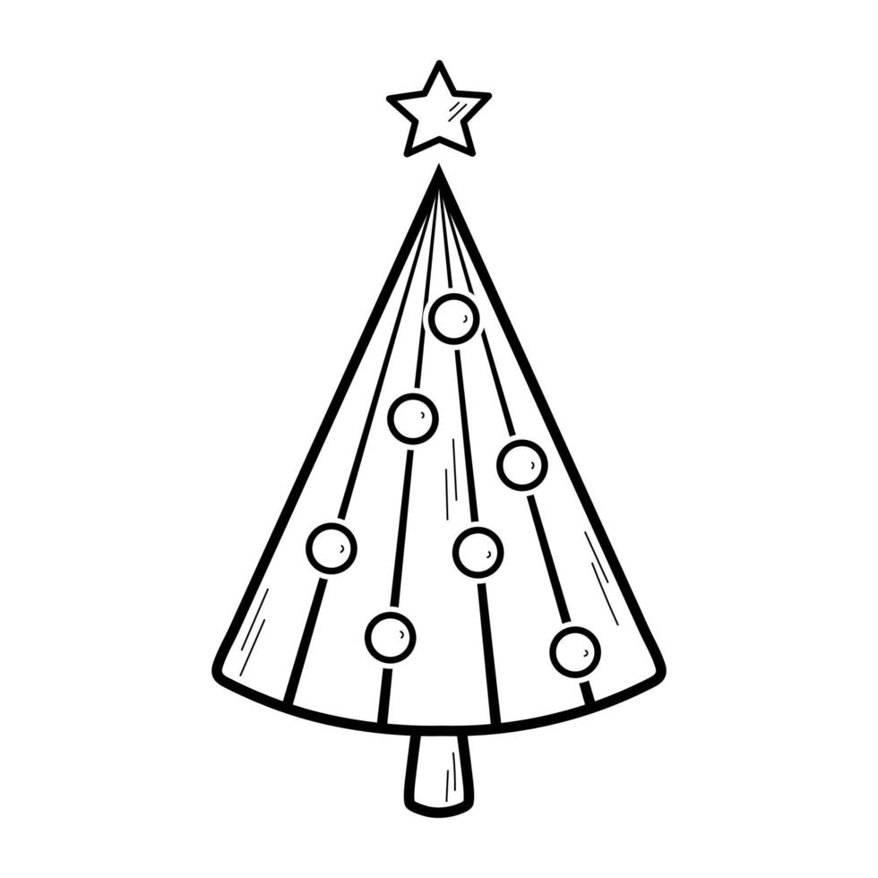 Cute Christmas tree in doodle sketch style. New Year decorative element. Vector illustration isolated on white background.