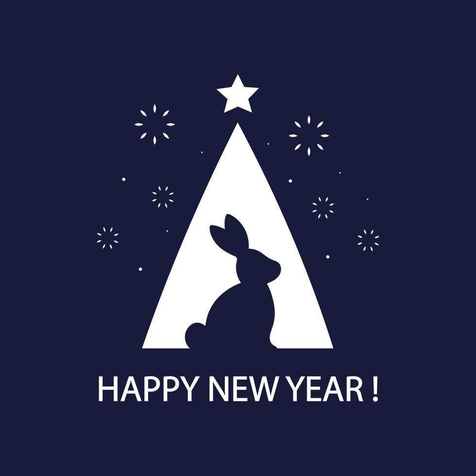 feliz año nuevo. siluetas de conejo y árbol de navidad. tarjeta de felicitación sobre fondo azul. diseño minimalista. ilustración vectorial vector