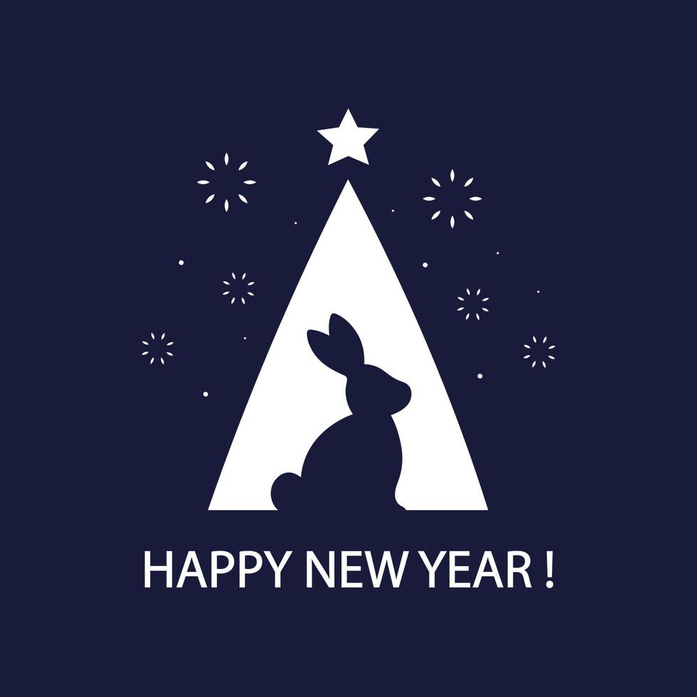 Happy New year. Silhouettes of rabbit and christmas tree. Greeting card on blue background. Minimalism design. Vector illustration.
