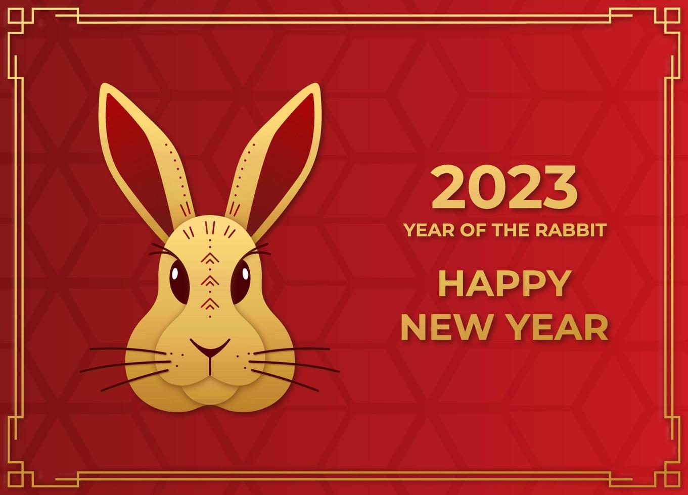 Happy chinese new year 2023 year of the rabbit. Greeting card with head of bunny in gold color on red background in craft style. Vector illustration.