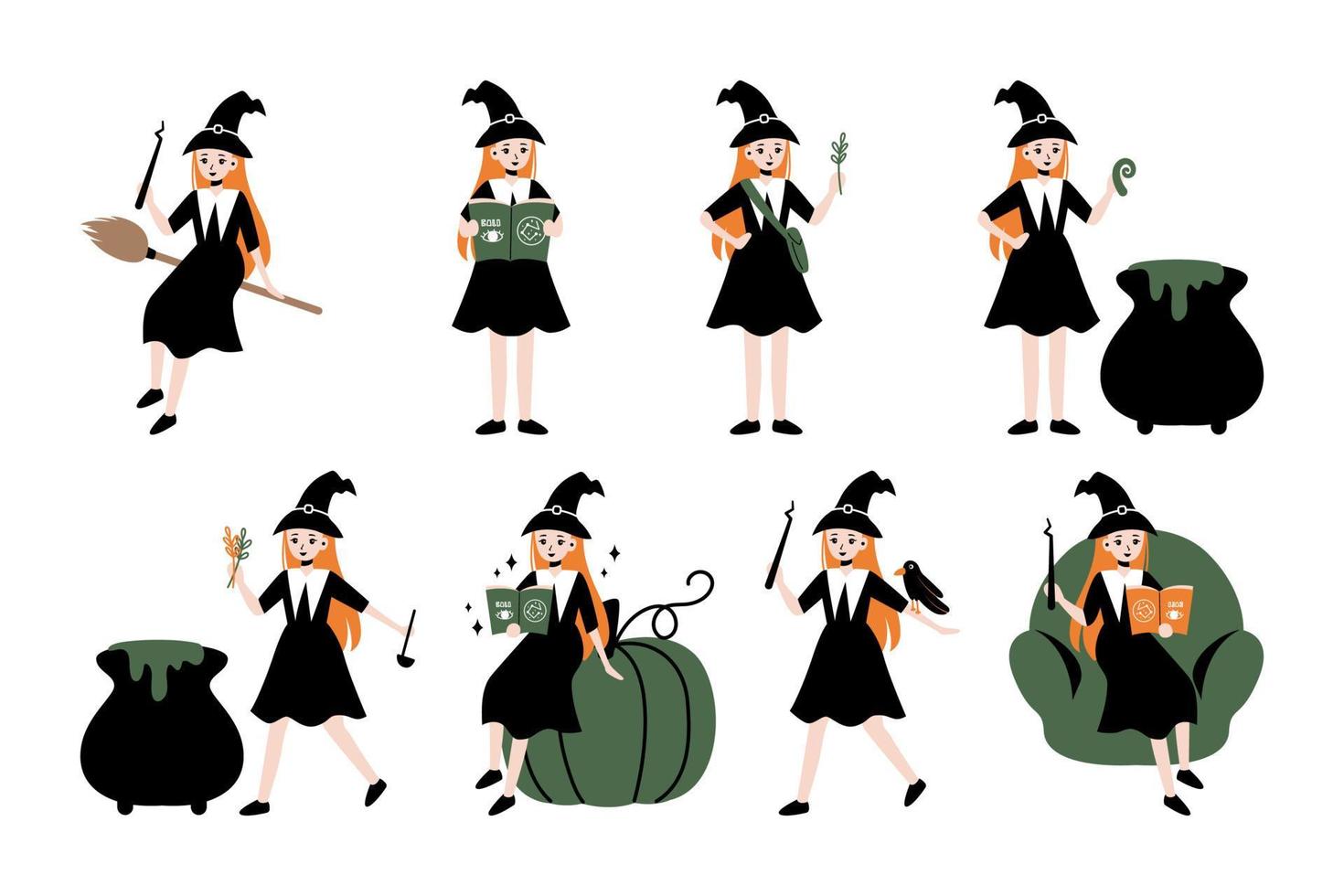 cute witch cartoon illustration with different activity vector