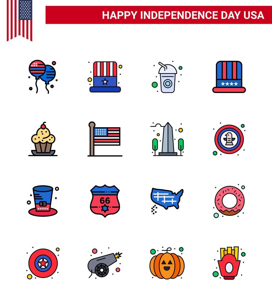 Flat Filled Line Pack of 16 USA Independence Day Symbols of dessert usa bottle american hat Editable USA Day Vector Design Elements