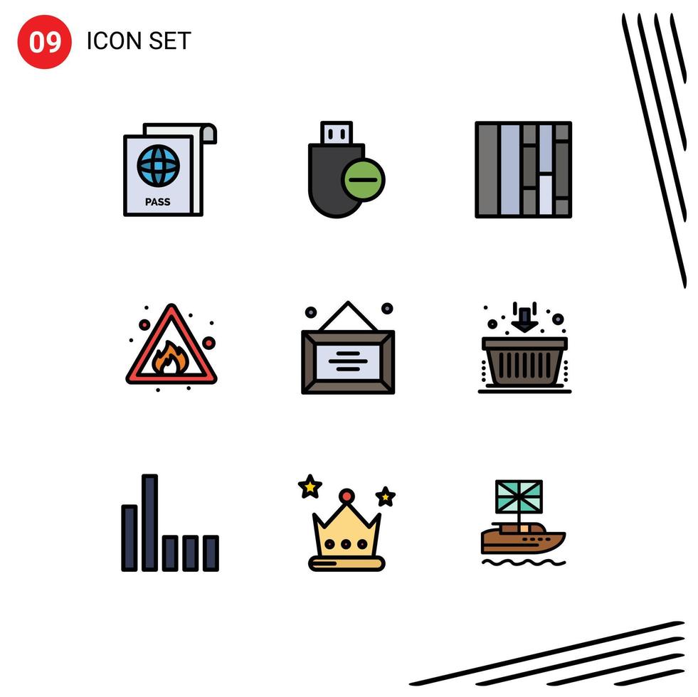 Set of 9 Vector Filledline Flat Colors on Grid for office desk layout business risk Editable Vector Design Elements