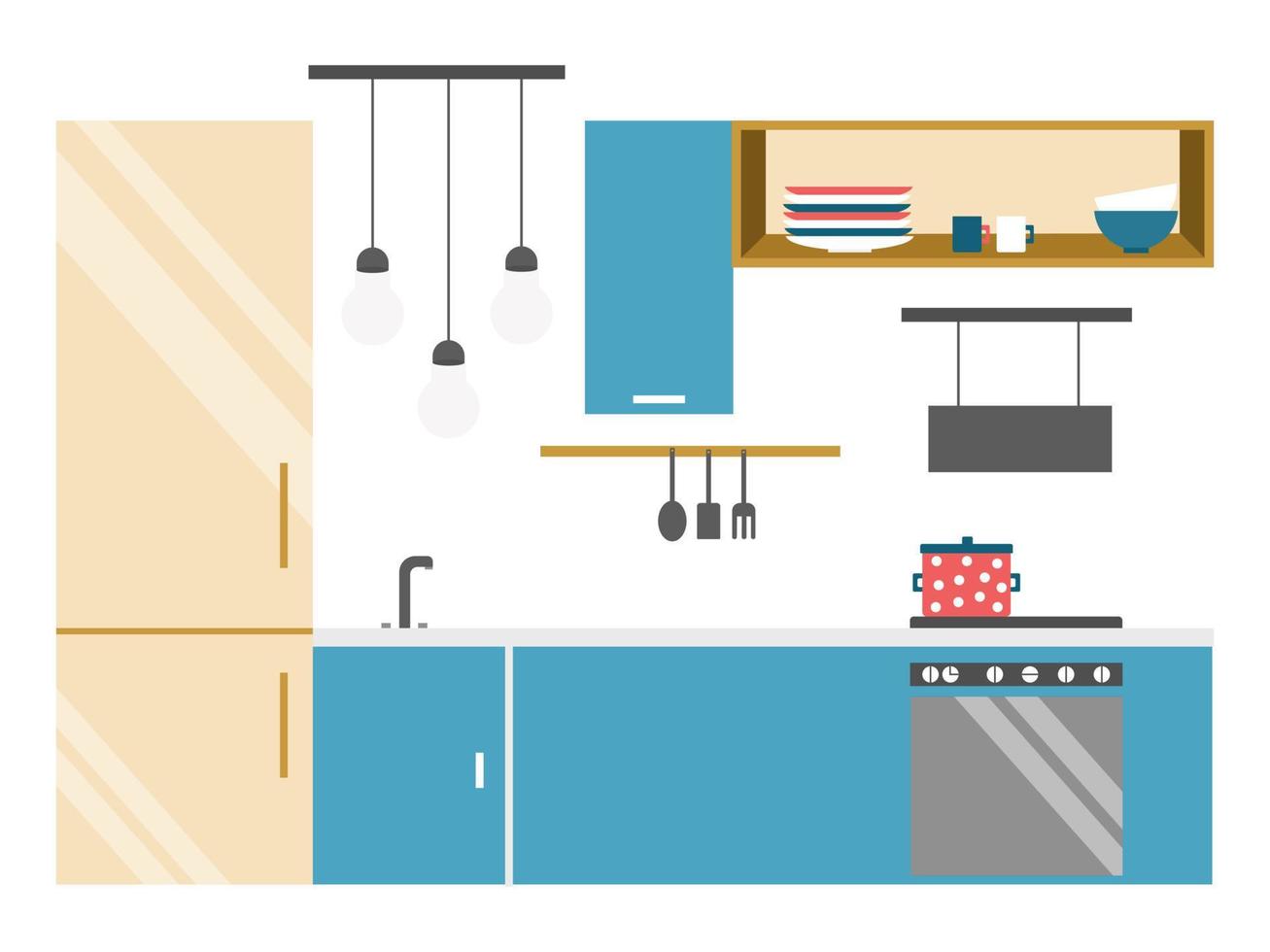 constructor de cocinas de estilo plano con muebles y utensilios de cocina. diseño de interiores. ilustración vectorial plana. ilustración de dibujos animados vector