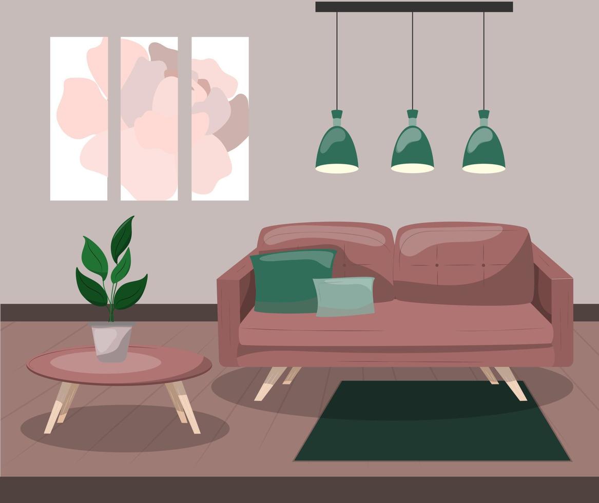 sala de estar con sofá. diseño de interiores moderno con un sofá marrón y almohadas. ilustración vectorial de dibujos animados. vector