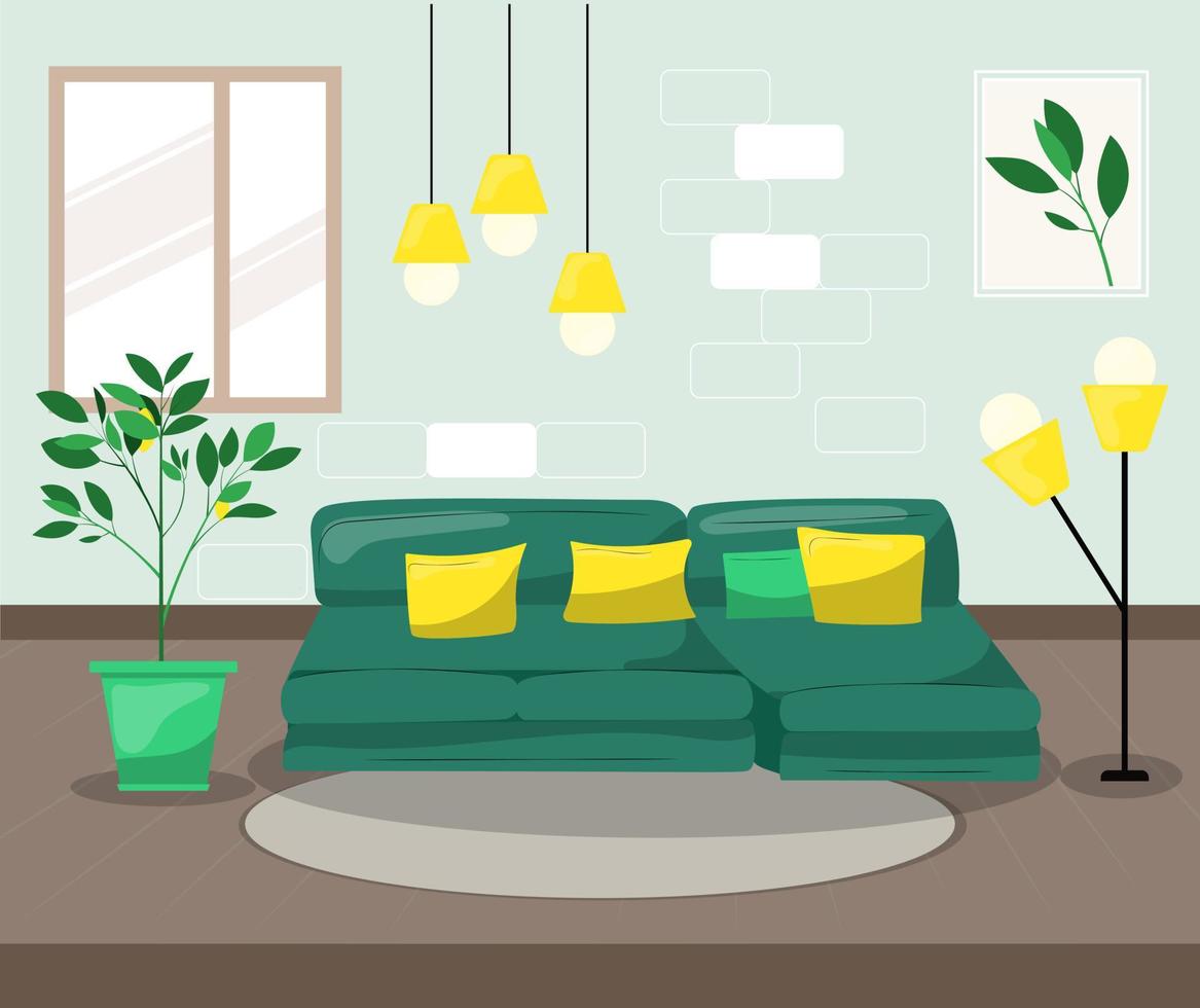 Living room with sofa. Modern interior design with a green sofa and pillows. Cartoon vector illustration.
