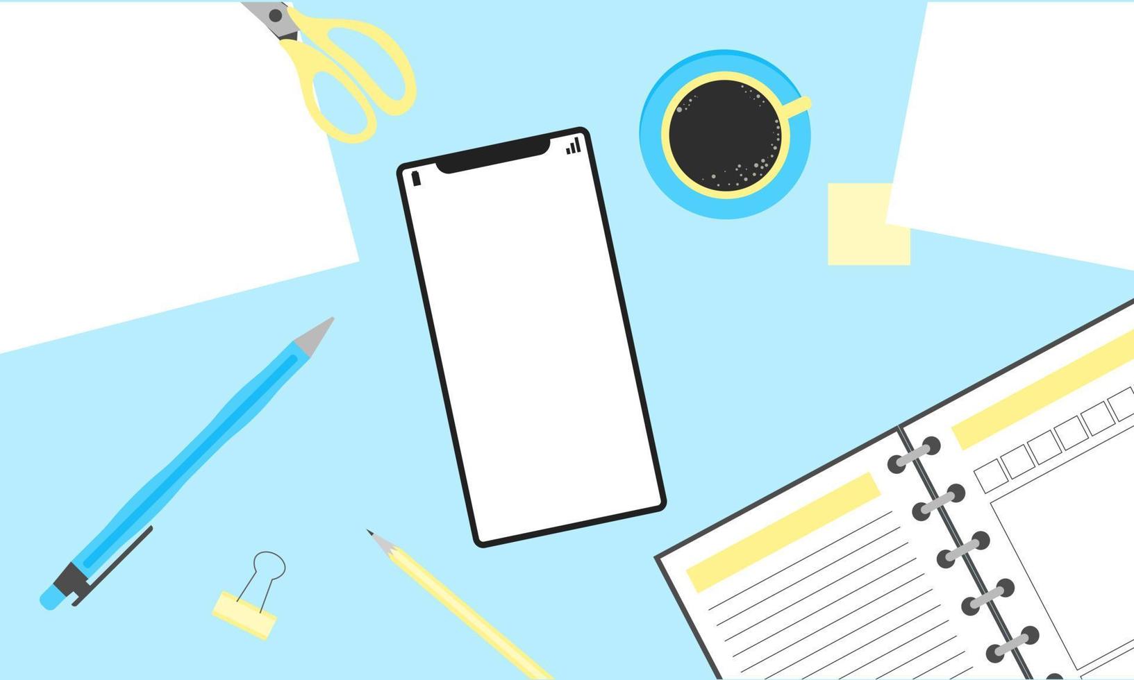 Mobile phone with background. Business vector background with phone and stationery. Business concept, flat design vector illustration.