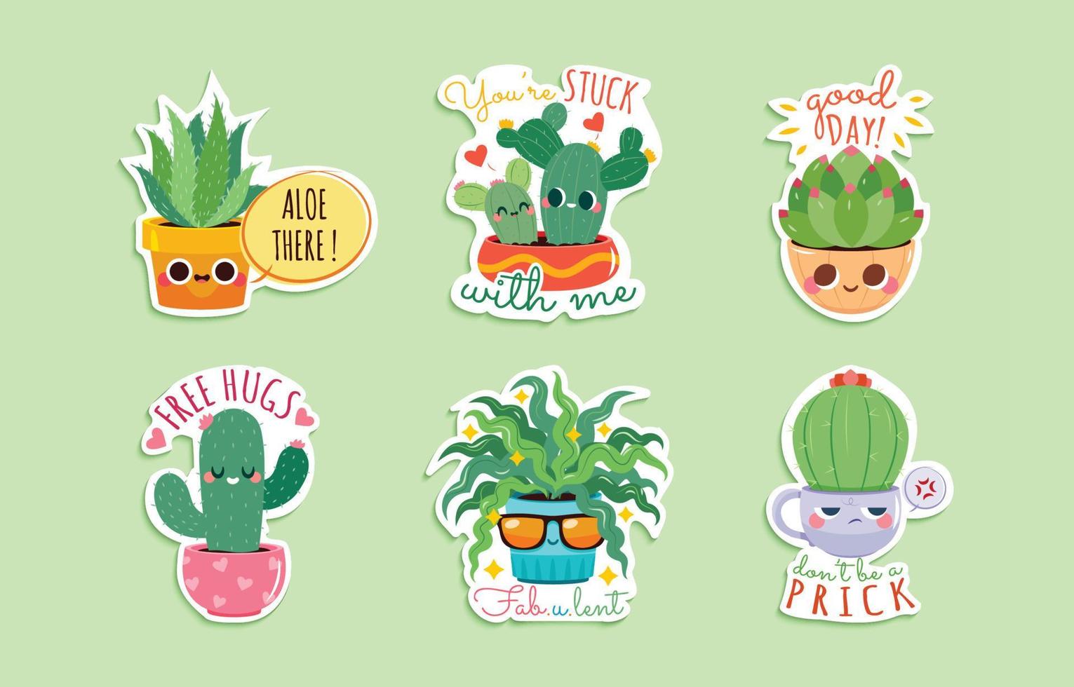 Funny Succulent Cartoon Stickers Set for Journal Template vector