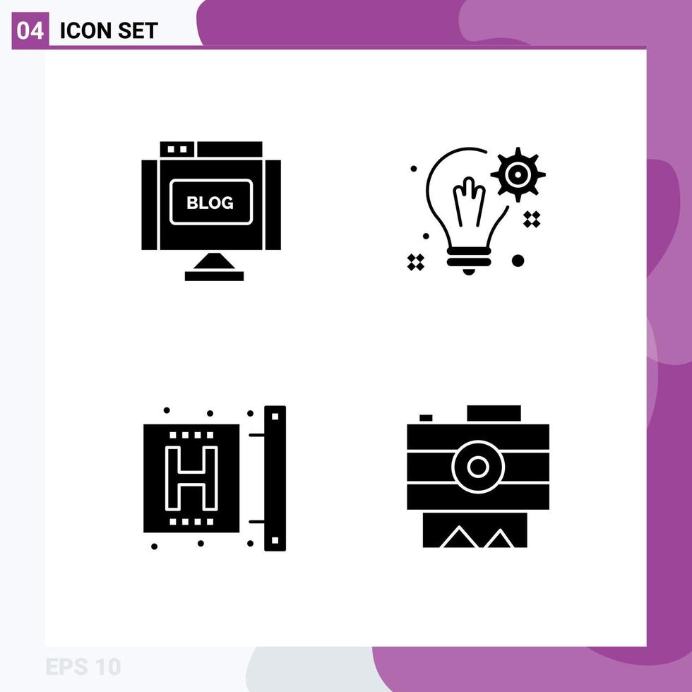 Mobile Interface Solid Glyph Set of 4 Pictograms of blog center write solution fitness Editable Vector Design Elements