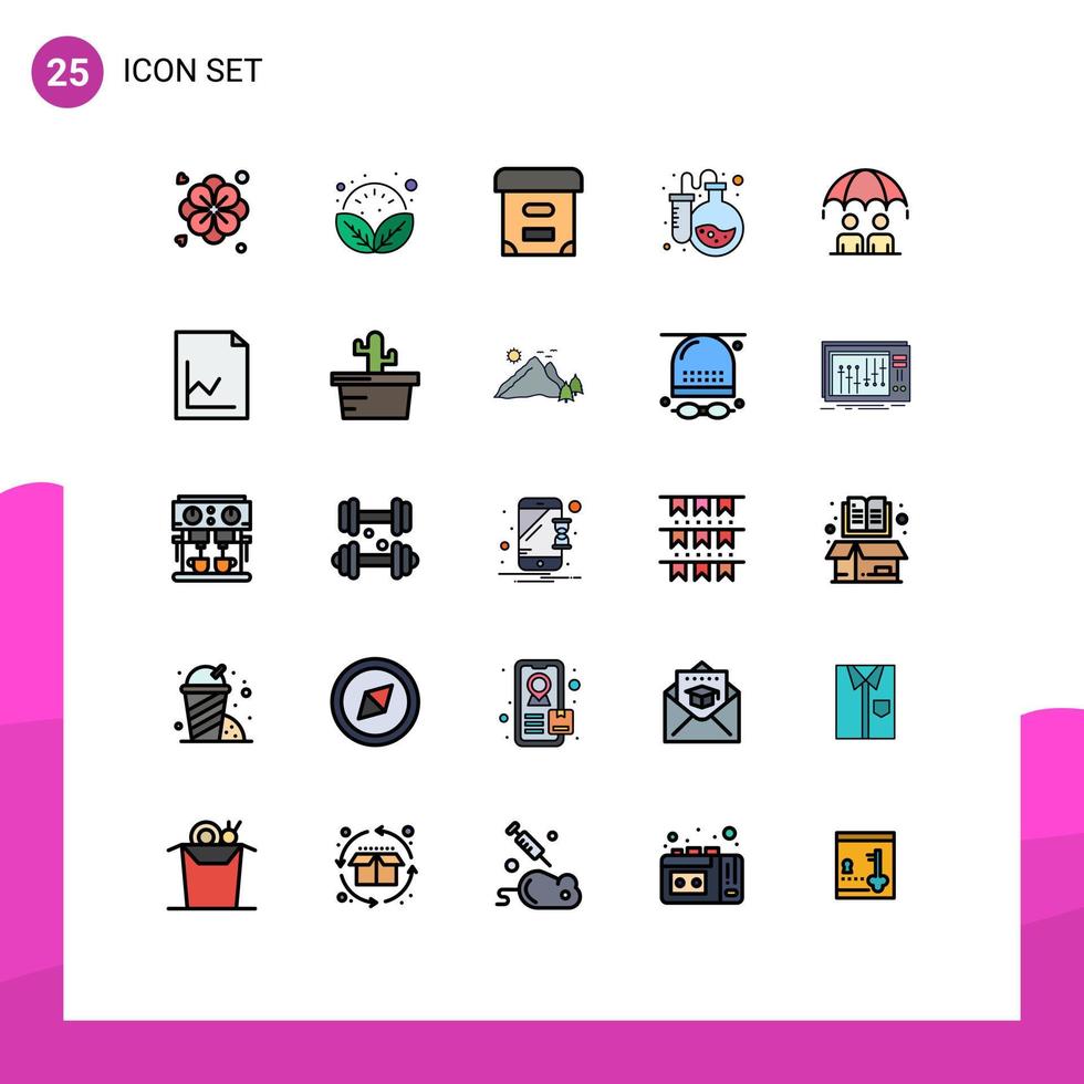 paquete de 25 modernos signos y símbolos de colores planos de línea rellena para medios de impresión web, como cajas de gestión de riesgos, tubos de ensayo comerciales, elementos de diseño de vectores editables