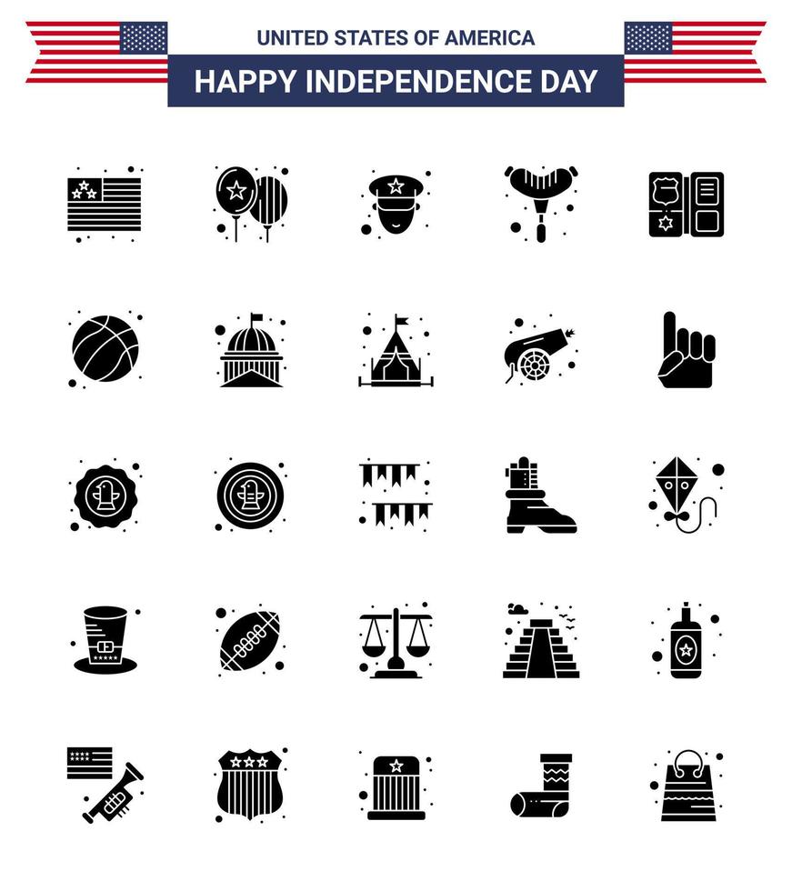 Set of 25 Vector Solid Glyph on 4th July USA Independence Day such as american american officer shield sausage Editable USA Day Vector Design Elements