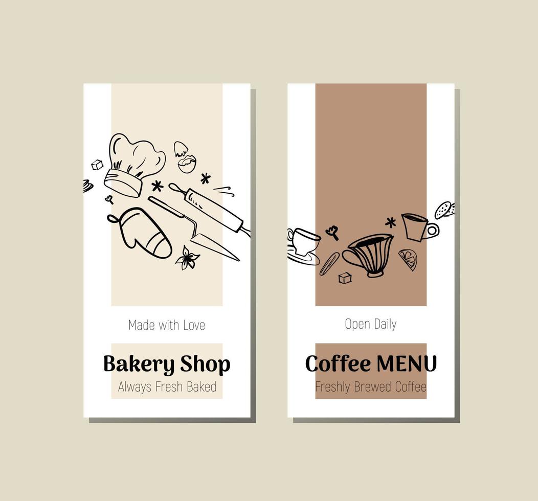 tapas de menú para cafetería y restaurante. pancarta de la panadería. banner vertical de panadería y menú de café. ilustración en blanco y negro de productos de panadería y tazas de café y postres. vector