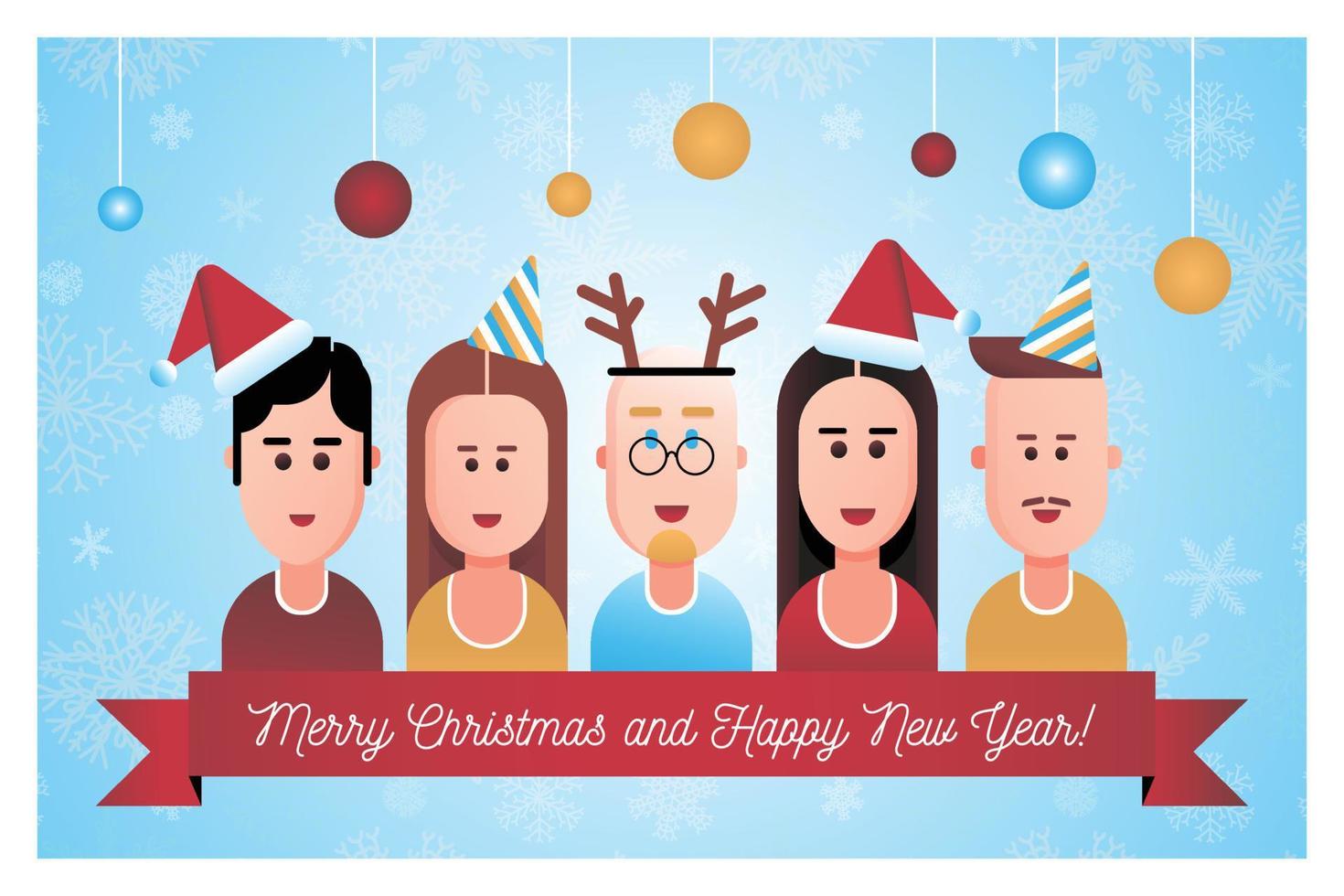 Happy New Year and Christmas greeting. Guys and girls in festive headdresses in flat design style vector