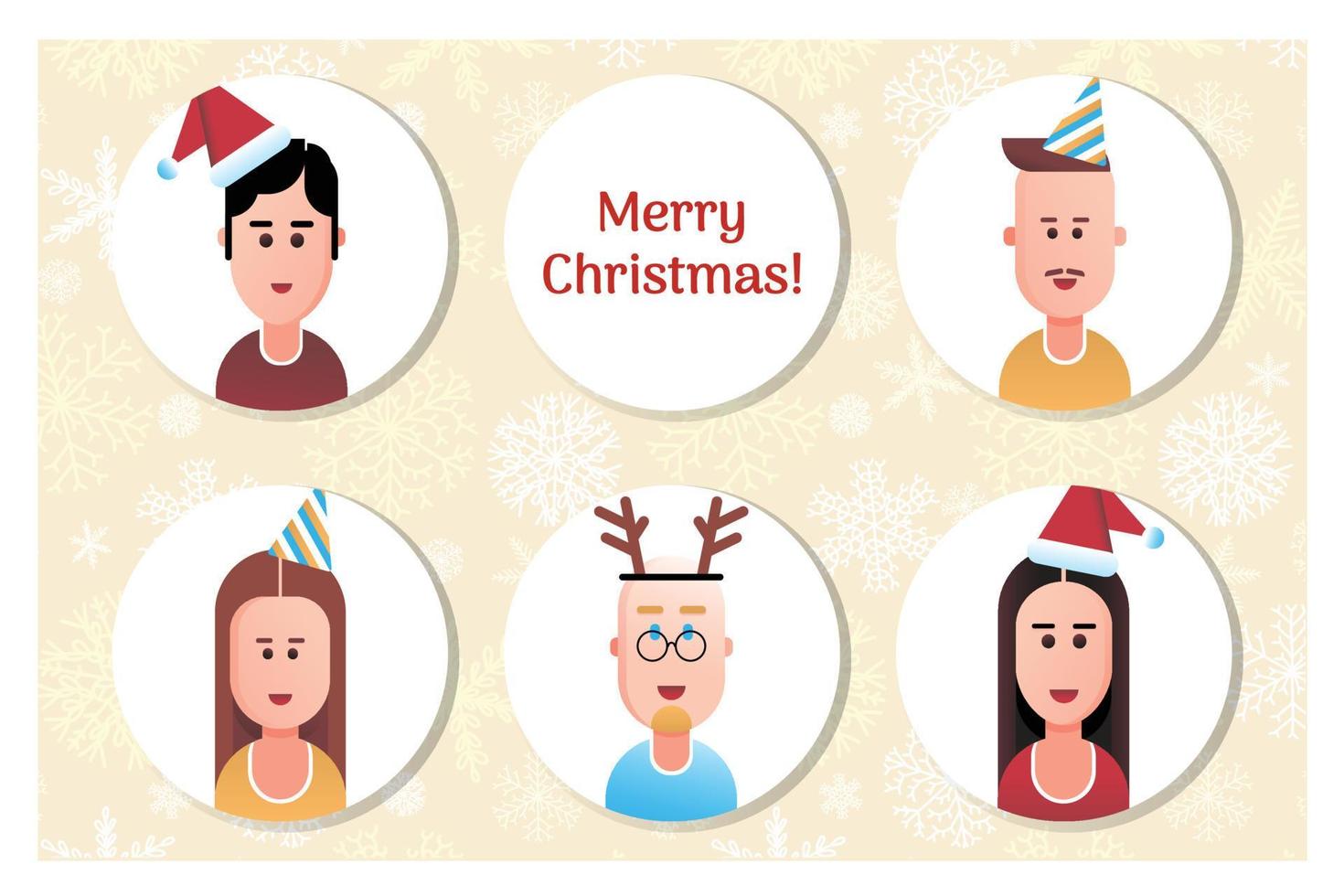 Happy New Year and Christmas greeting. Guys and girls in festive headdresses in flat design style vector