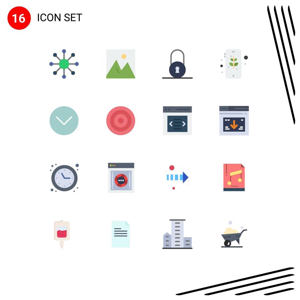 Mobile Interface Flat Color Set of 16 Pictograms of media player down lock safe eco Editable Pack of Creative Vector Design Elements